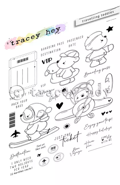 Set de sellos A5 Tracey Hey - Travelling Teddies
